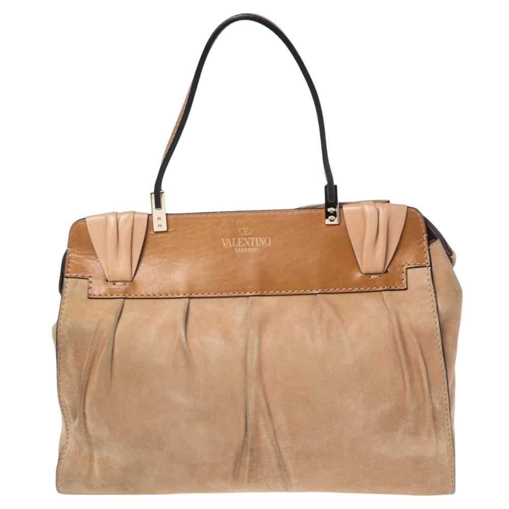 Valentino Beige/Brown Suede and Leather Aphrodite Bow Top Handle Bag 6