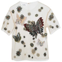 Valentino Beige Butterfly Embroidered Mesh Sheer Top S