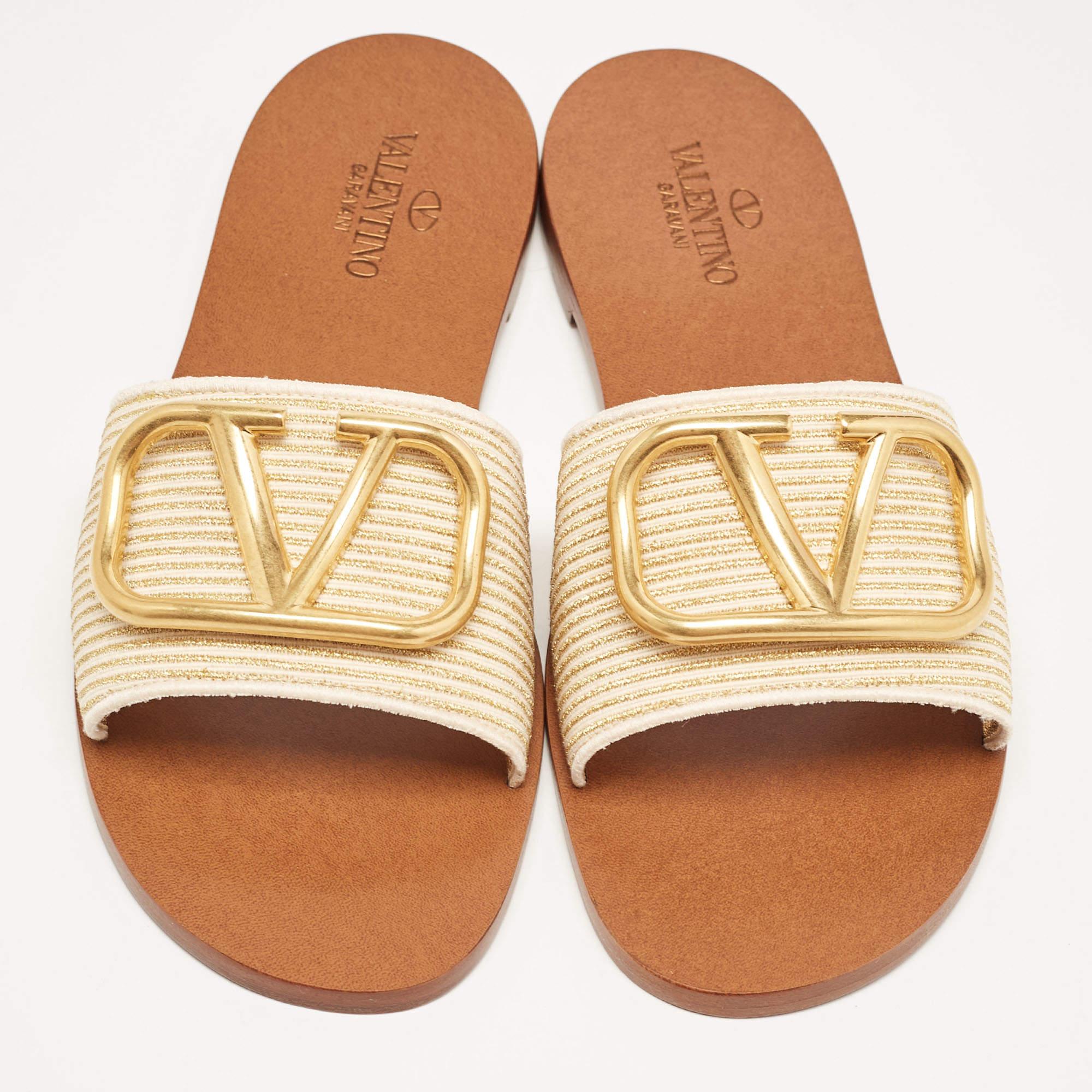 Valentino Beige Canvas Escape VLogo Flat Slides Size 38 2