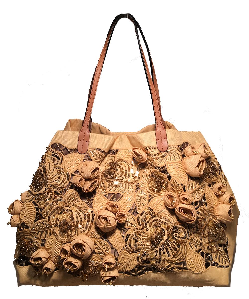 Valentino Beige Canvas Floral Sequin Tote Bag in excellent condition. Natural beige woven canvas exterior trimmed with light brown leather and silver hardware. Front exterior side features laser cut, embroidered, sequined, and 3D rosettes in a