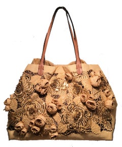 Valentino Beige Canvas Floral Sequin Tote Bag