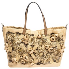 Valentino Beige Canvas, Sequin and Beaded Floral Applique Tote