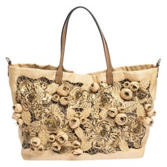 Valentino Beige Canvas, Sequin and Beaded Floral Applique Tote