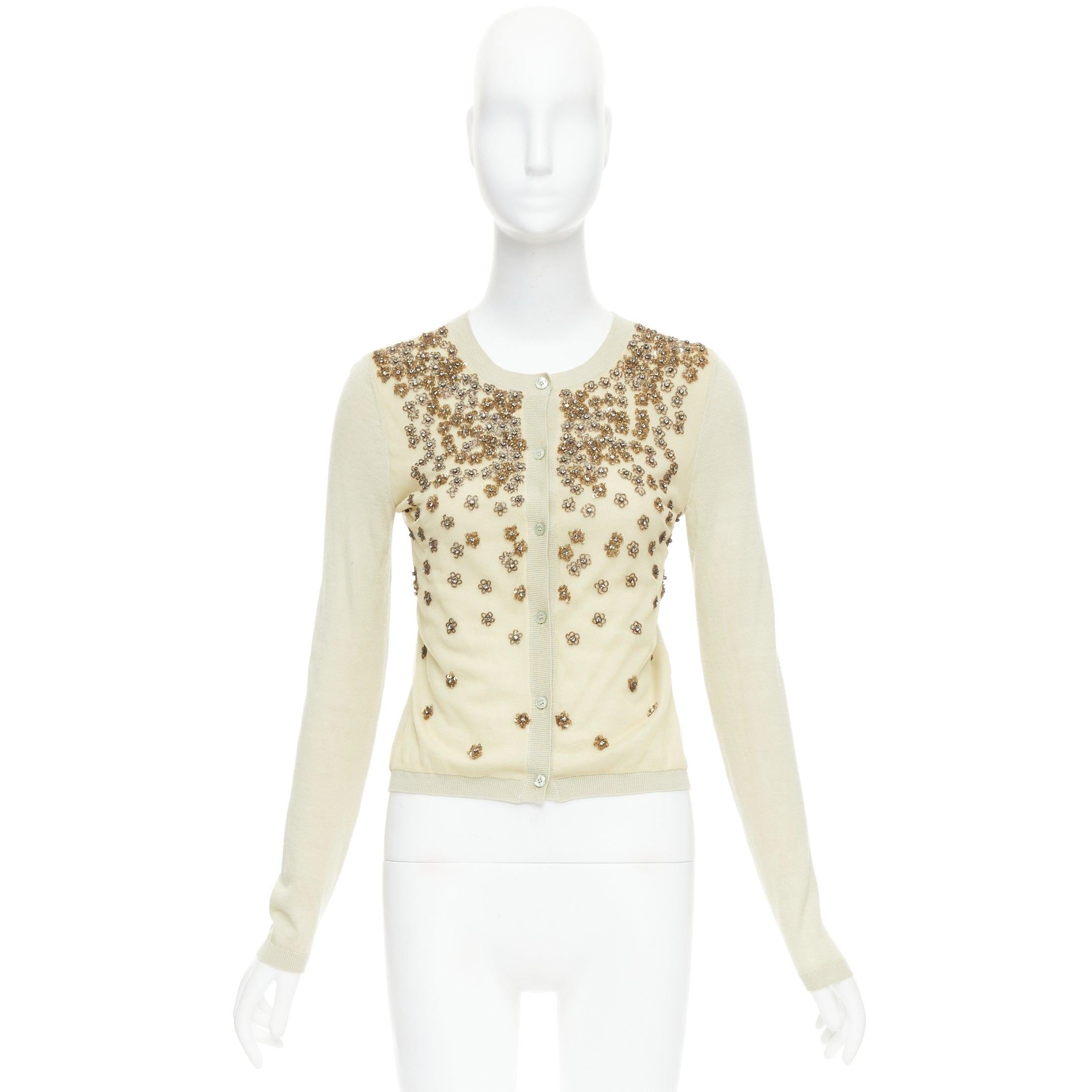 VALENTINO beige cashmere silk bead embellished crop cardigan M For Sale 6