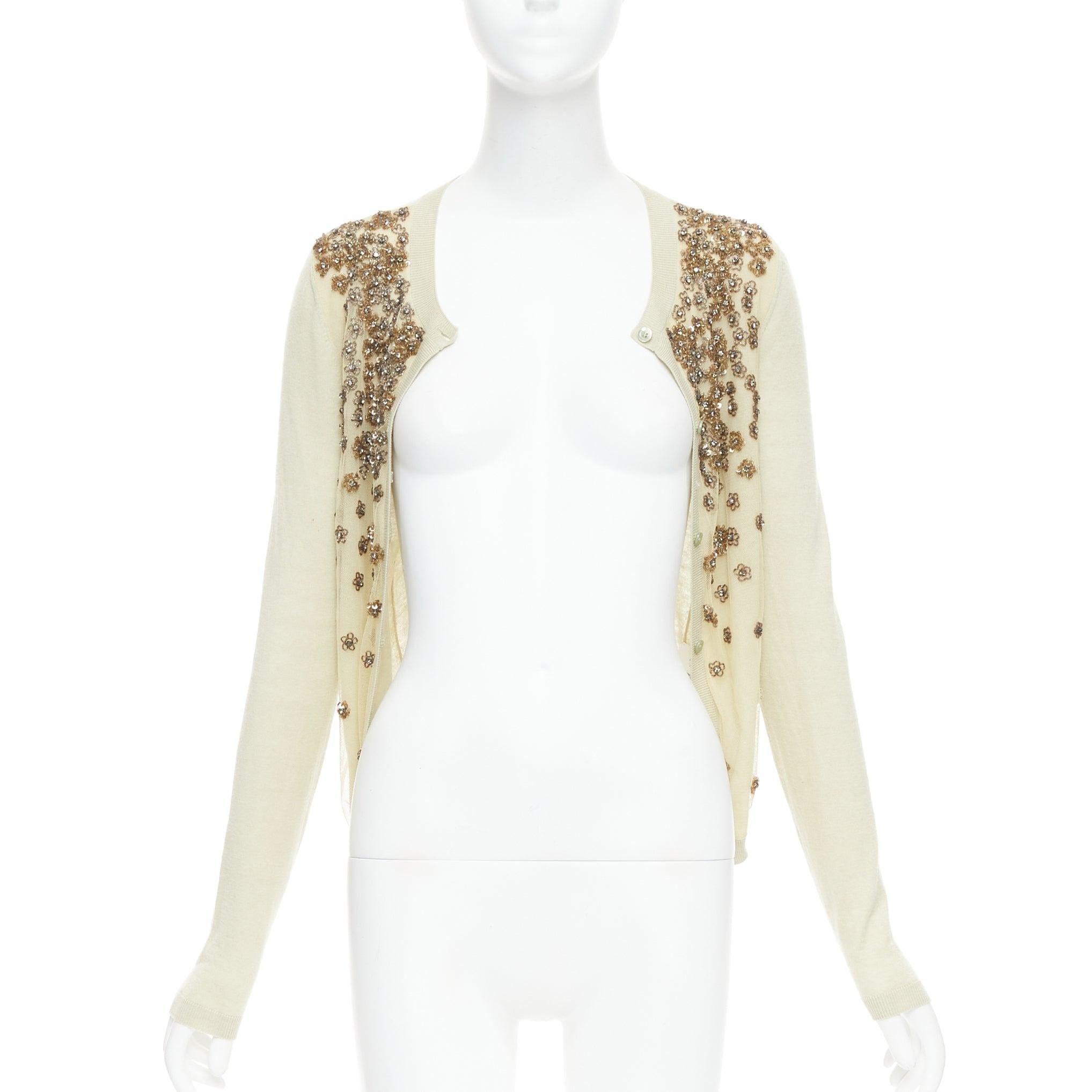 Beige VALENTINO beige cashmere silk bead embellished crop cardigan M For Sale