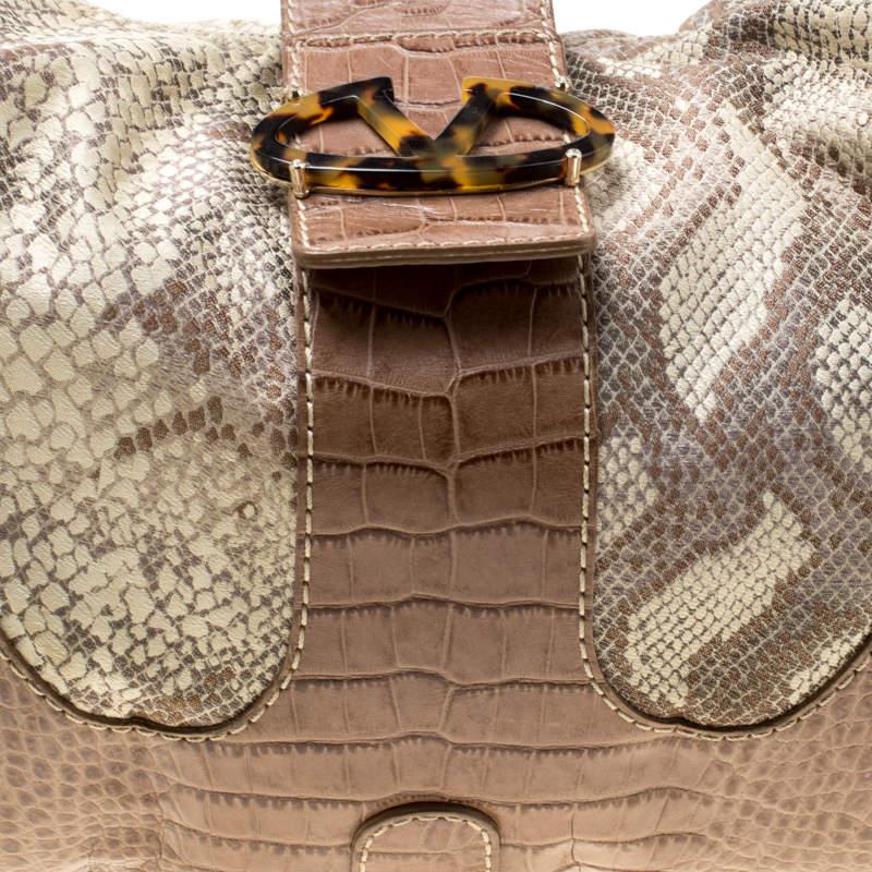 Valentino - Sac Hobo en cuir embossé croco et toile imprimée python beige en vente 6