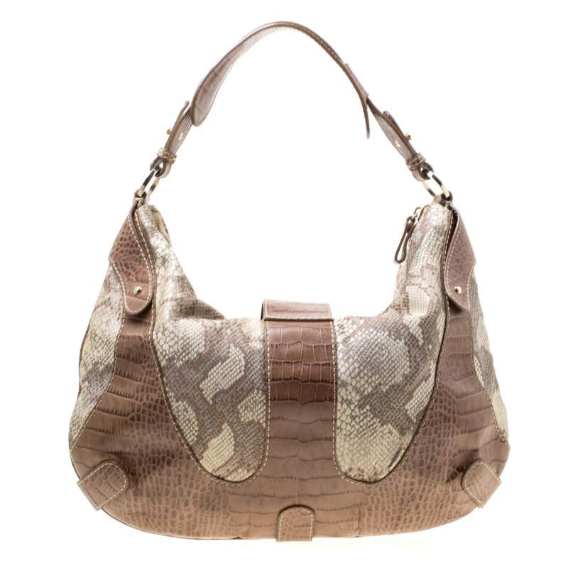 Valentino Beige Croc Embossed Leather and Python Print Canvas Hobo In Good Condition For Sale In Dubai, Al Qouz 2