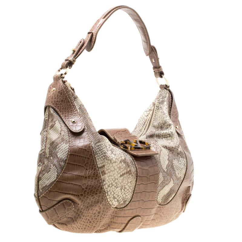 Women's Valentino Beige Croc Embossed Leather and Python Print Canvas Hobo For Sale