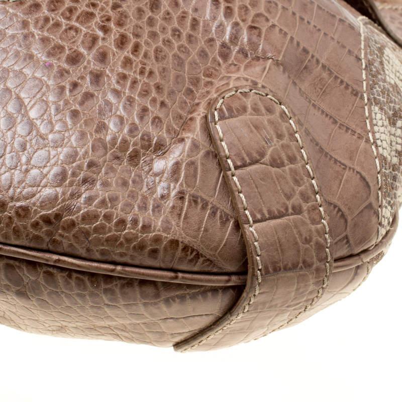 Valentino Beige Croc Embossed Leather and Python Print Canvas Hobo For Sale 3