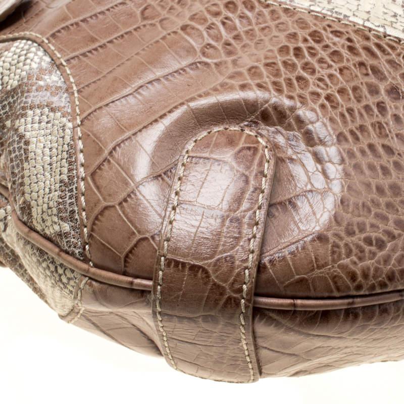 Valentino Beige Croc Embossed Leather and Python Print Canvas Hobo For Sale 4