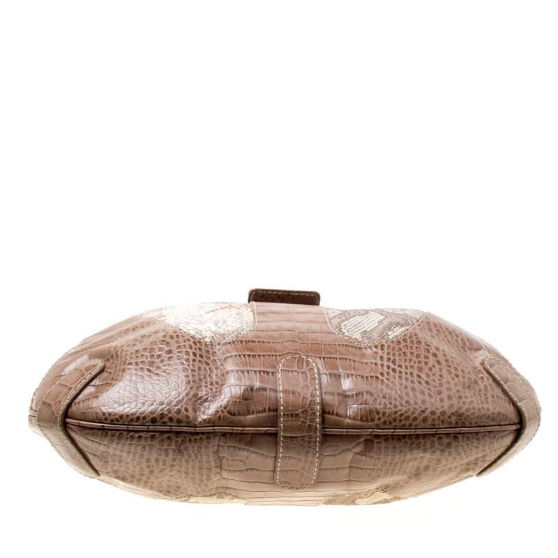 Valentino Beige Croc Embossed Leather and Python Print Canvas Hobo For Sale 5