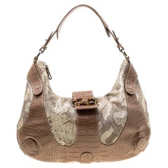 Valentino Hobo aus Segeltuch mit Krokodillederprägung und Python-Druck in Beige