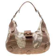Used Valentino Beige Croc Embossed Leather and Python Print Canvas Hobo