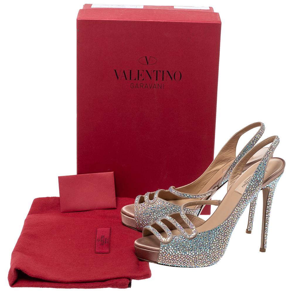 Valentino Beige Crystal Embellished Leather Platform Slingback Sandals Size 39 4