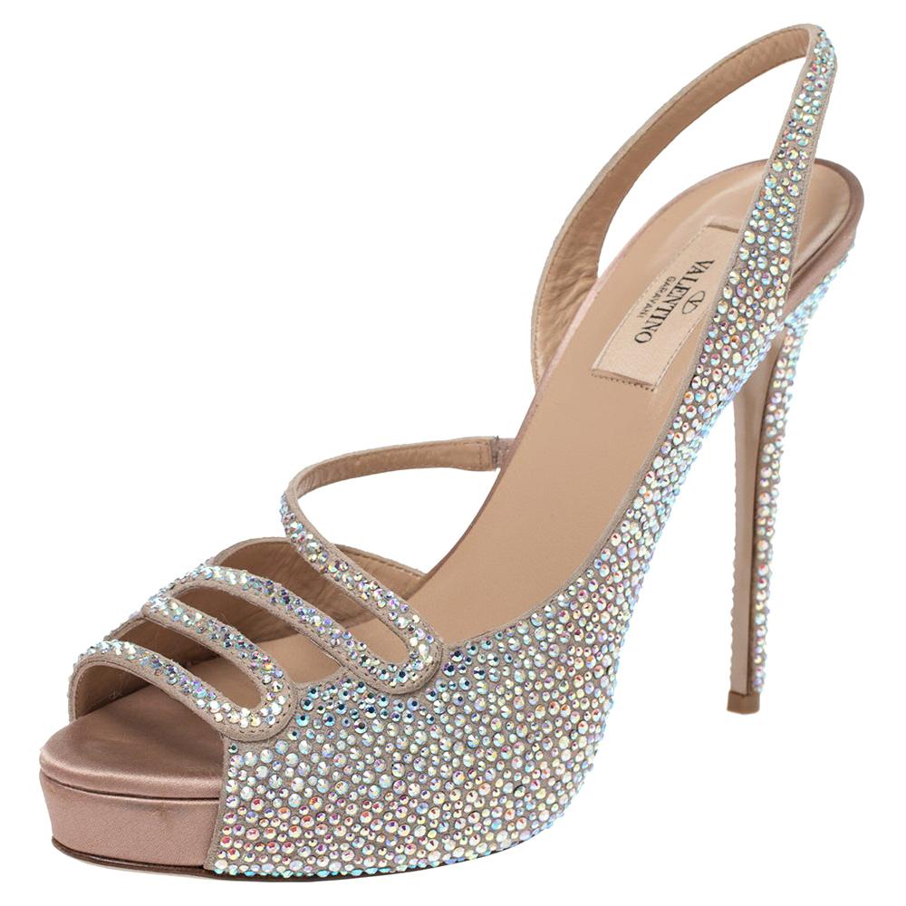 Valentino Beige Crystal Embellished Leather Platform Slingback Sandals Size 39