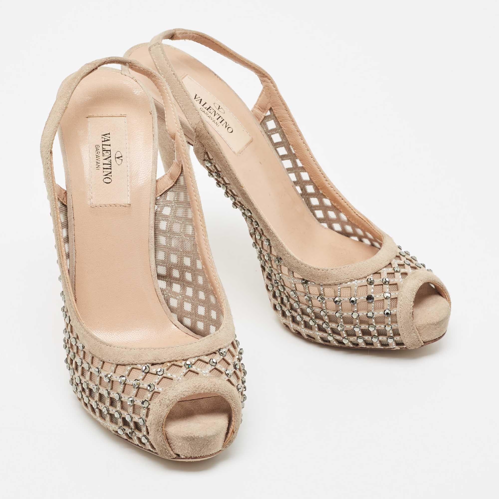 Valentino Beige Crystal Embellished Suede and Mesh Peep Toe Slingback Pumps Size In Good Condition For Sale In Dubai, Al Qouz 2