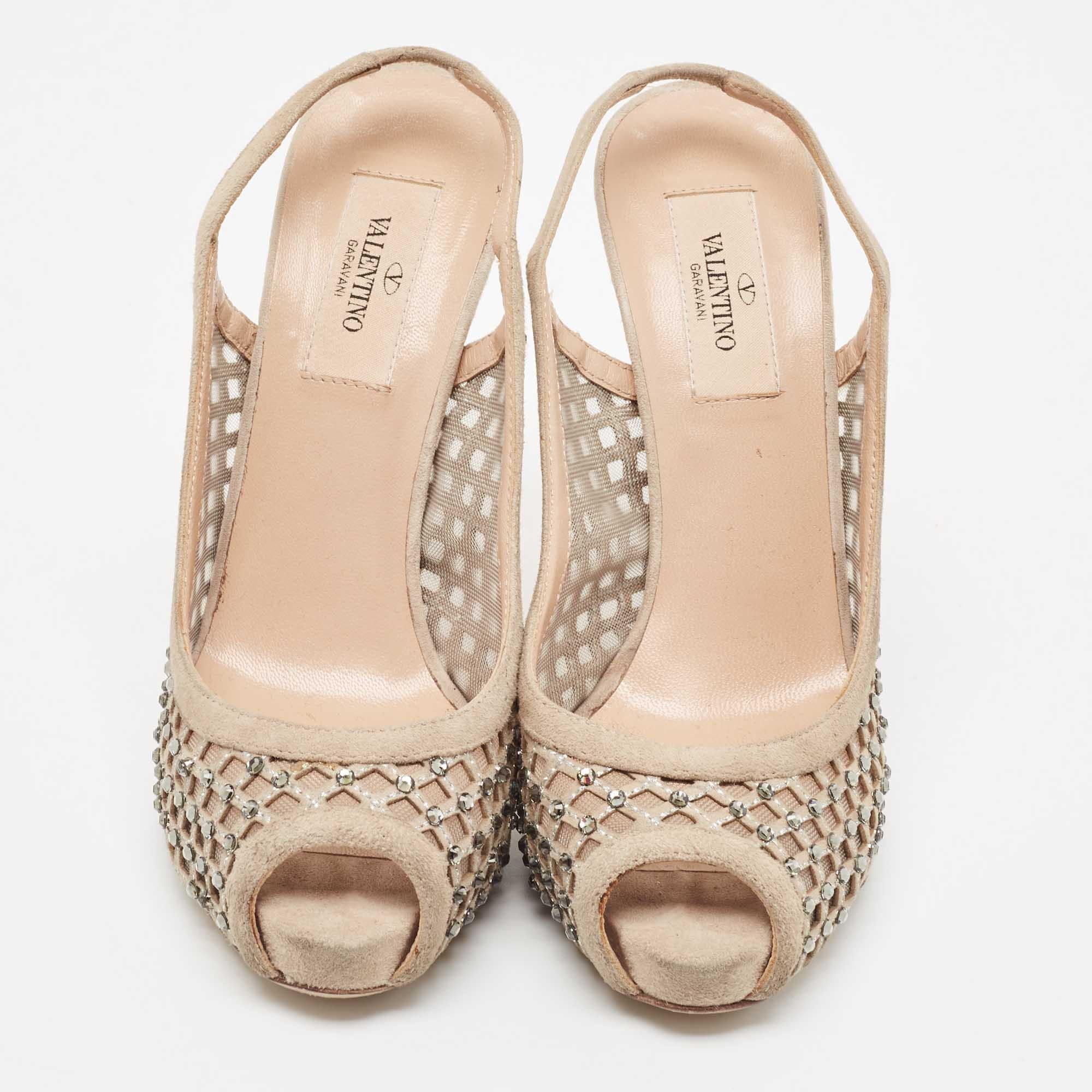 Women's Valentino Beige Crystal Embellished Suede and Mesh Peep Toe Slingback Pumps Size For Sale