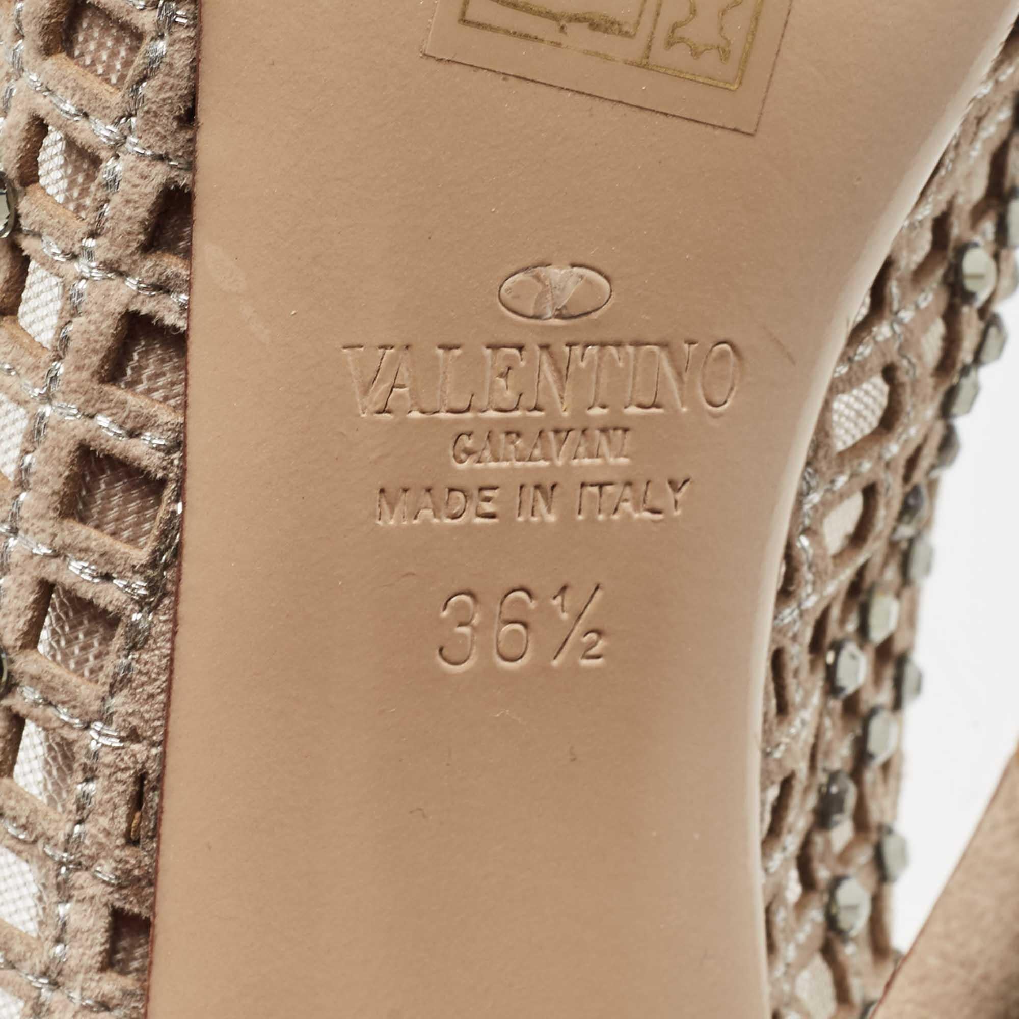 Valentino Beige Crystal Embellished Suede and Mesh Peep Toe Slingback Pumps Size For Sale 4