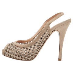 Used Valentino Beige Crystal Embellished Suede and Mesh Peep Toe Slingback Pumps Size