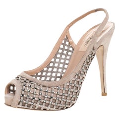 Valentino Beige Crystal Suede Lattice Slingback Platforms Sandals Size 37.5