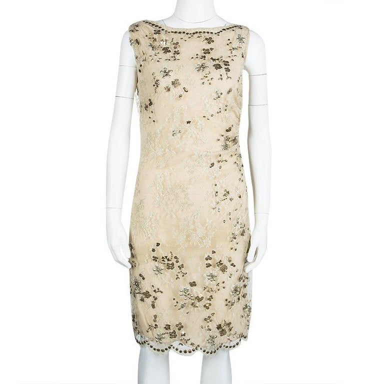 Valentino Beige Embellished Floral Lace Overlay Ruched Sleeveless Dress ...
