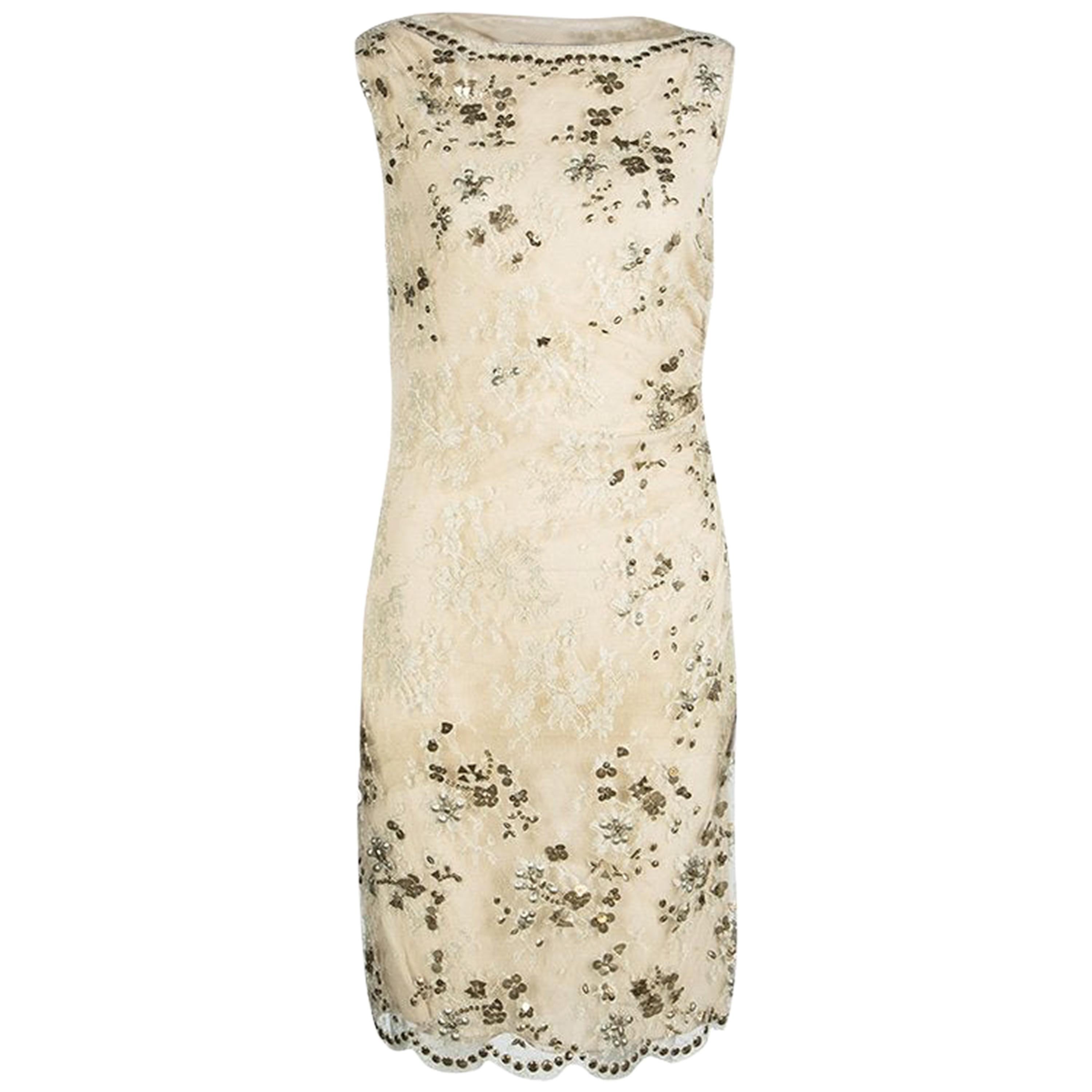 Valentino Beige Embellished Floral Lace Overlay Ruched Sleeveless Dress M For Sale