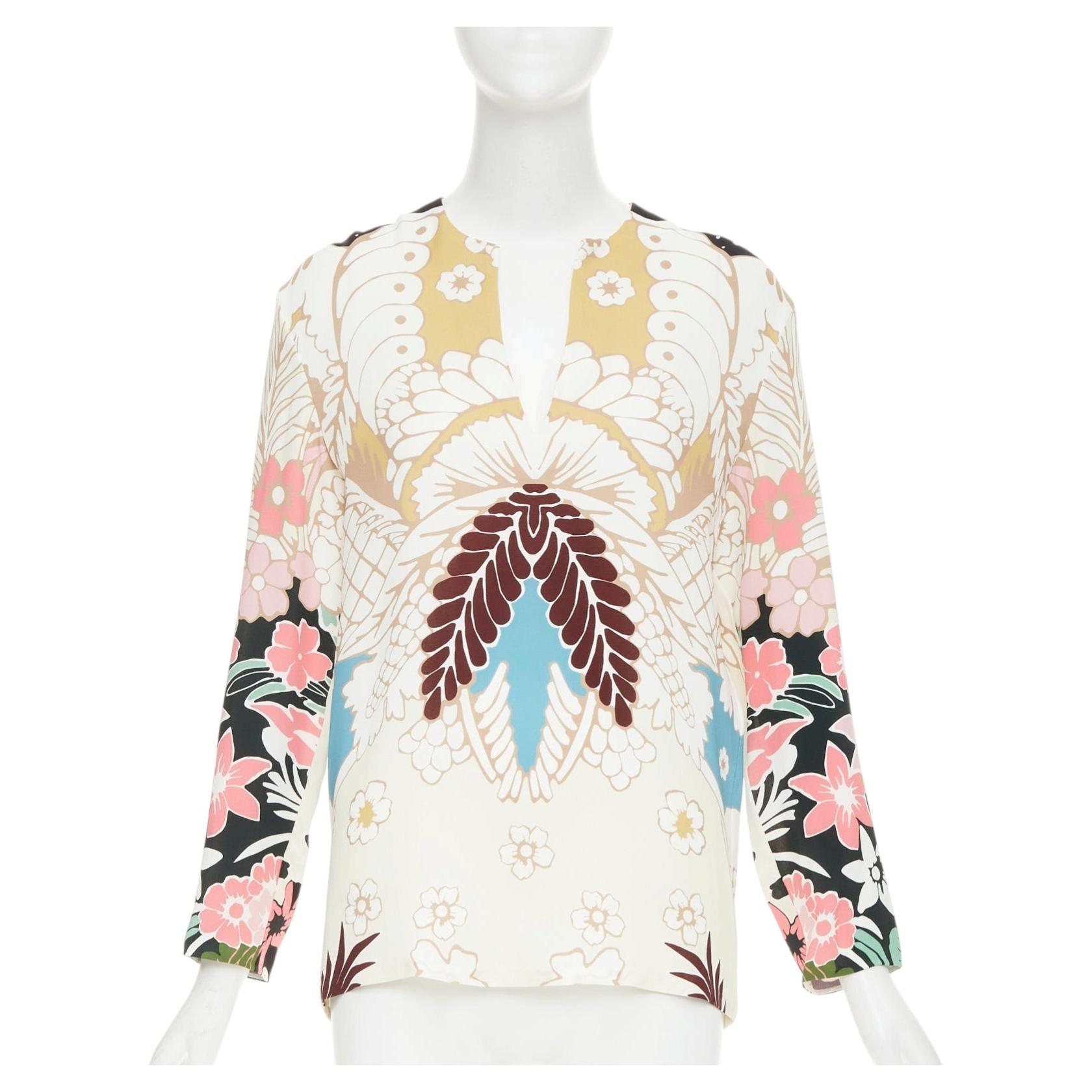Pre-owned Valentino Beige Floral 18th Century Tapestry V Neck Tunic Silk Blouse It36 Xxs In Brown