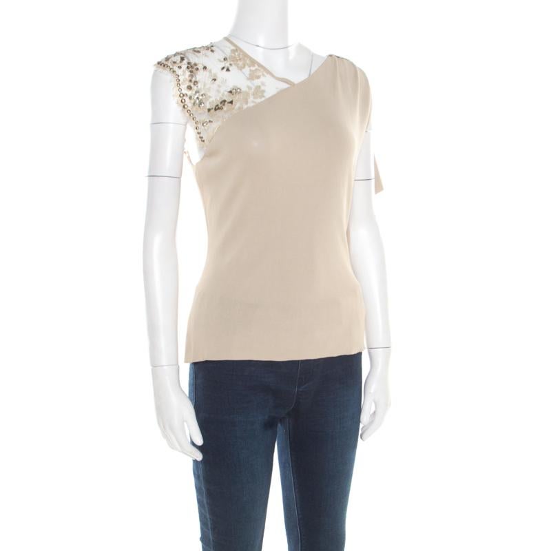 Valentino Beige Floral Lurex Lace Embellished Sleeve Detail Draped Top L In Good Condition In Dubai, Al Qouz 2