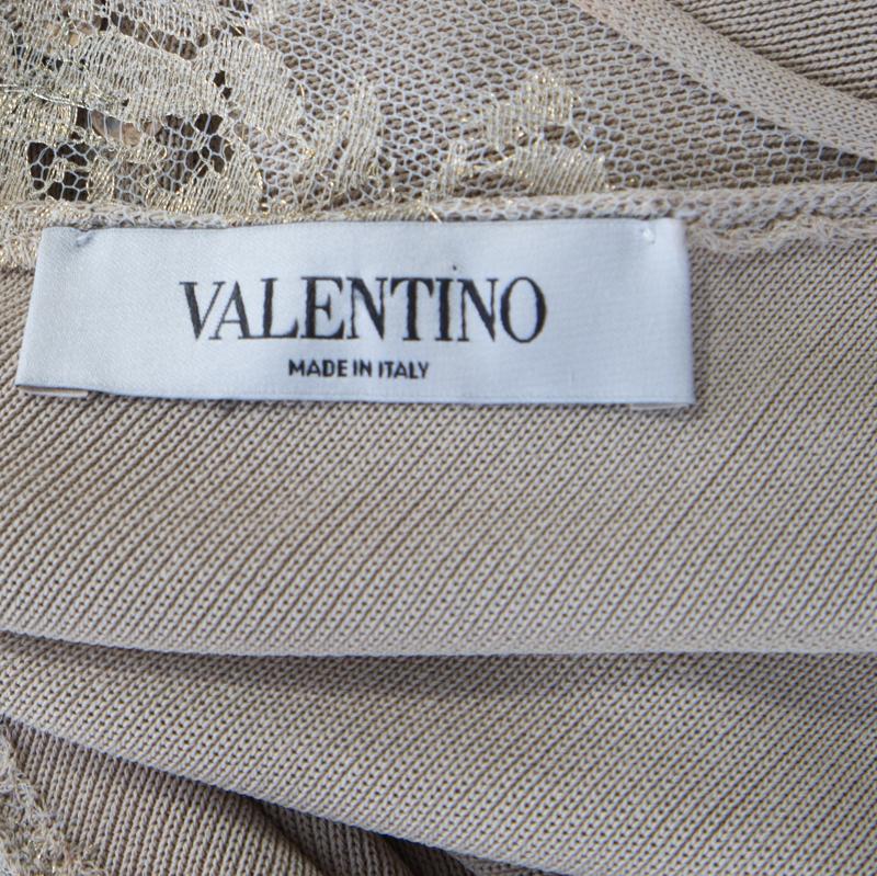 Valentino Beige Floral Lurex Lace Embellished Sleeve Detail Draped Top L 1
