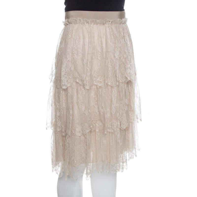 Valentino Beige Floral Tulle Tiered Skirt M In Good Condition For Sale In Dubai, Al Qouz 2
