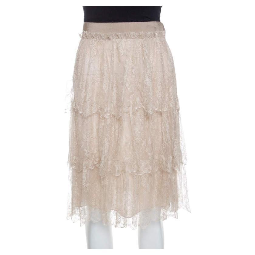 Valentino Beige Floral Tulle Tiered Skirt M For Sale