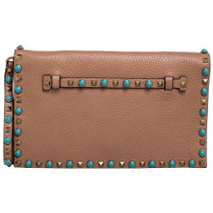 Valentino Beige Grained Leather Rolling Rockstud Wristlet Clutch