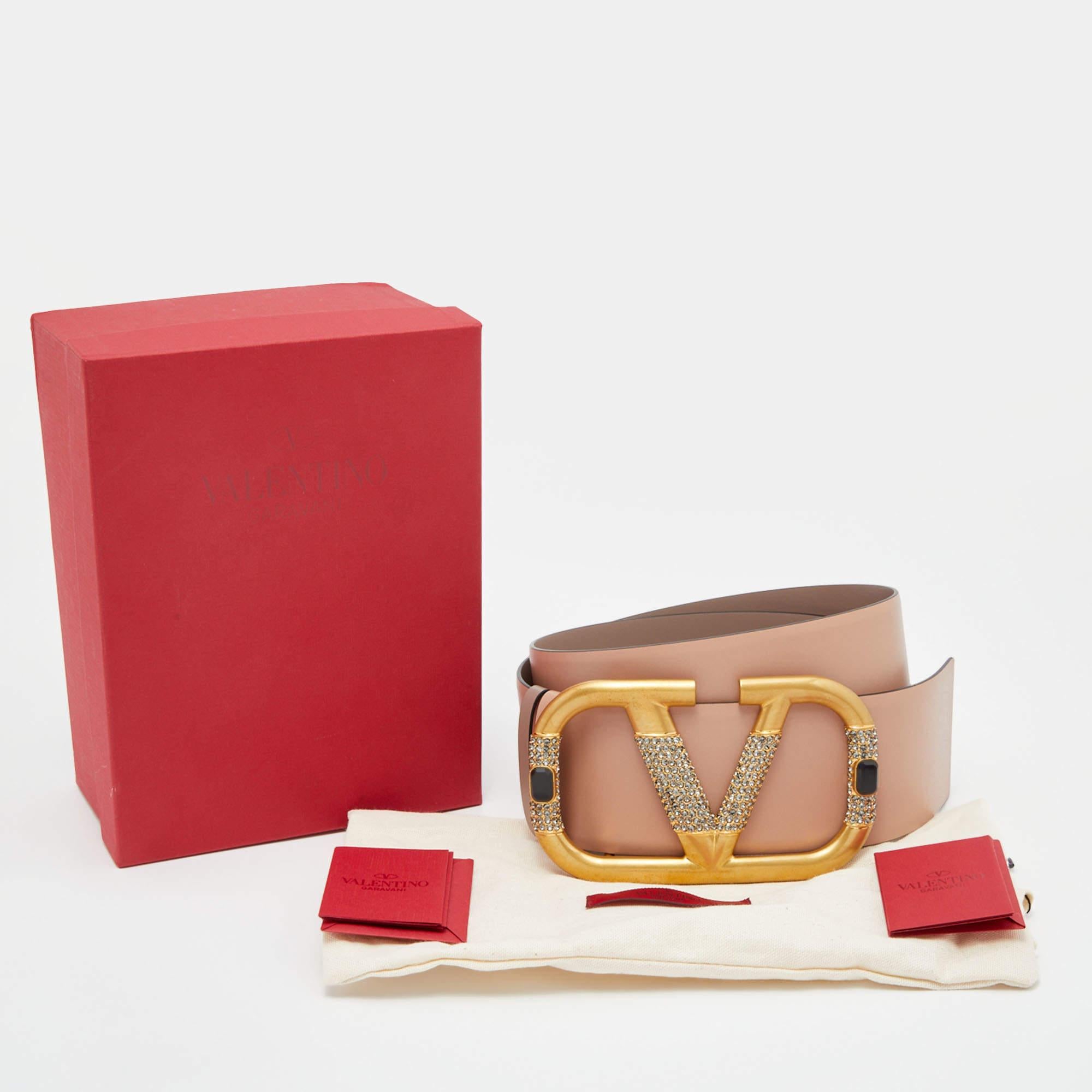 Women's Valentino Beige/Grey Leather Crystal Embellished V Logo Reversible Belt 95 CM