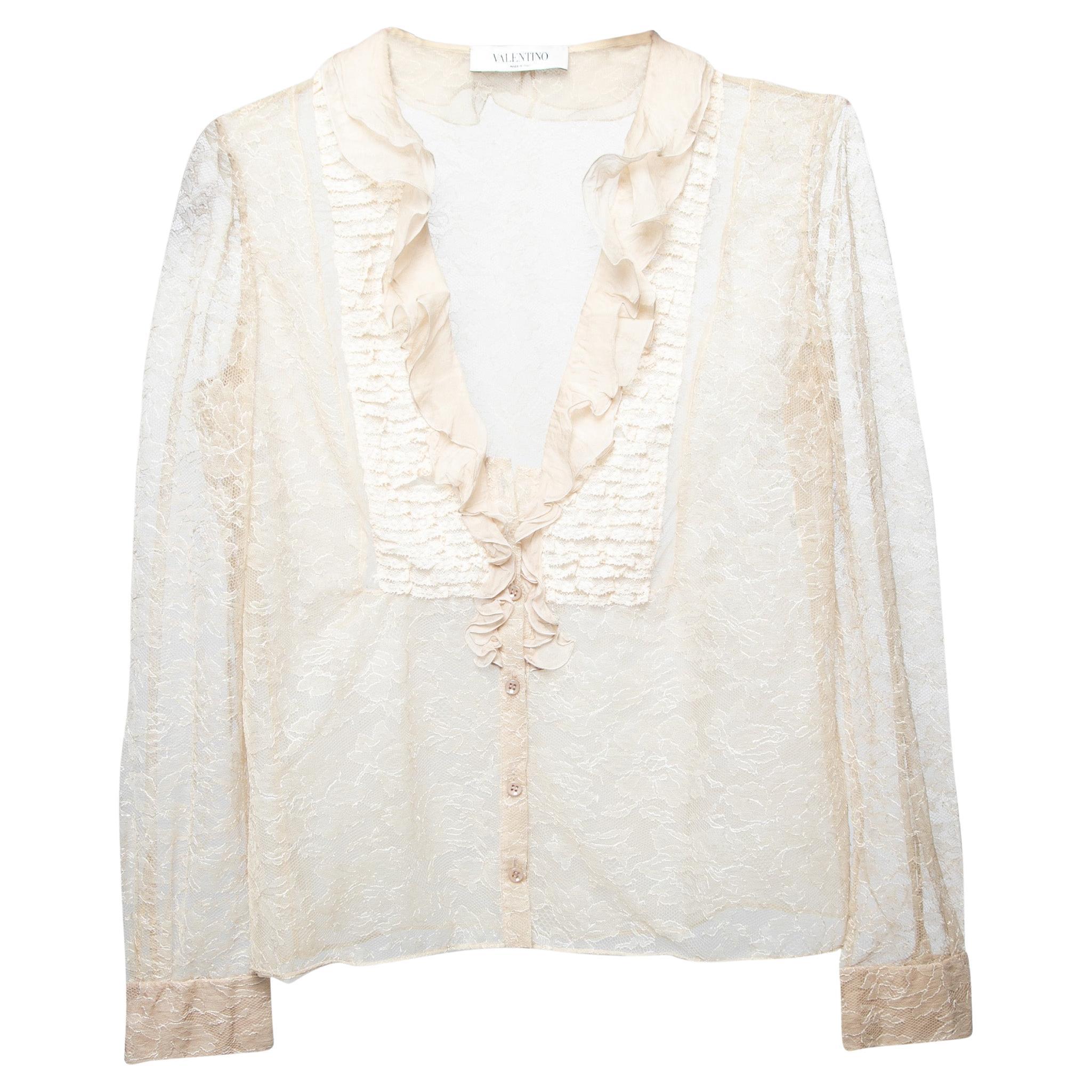 Valentino Beige Lace Ruffle Detail Button Front Long Sleeve Blouse L