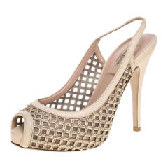 Valentino Beige Lattice Leather And Mesh Studded Slingback Sandals Size 36