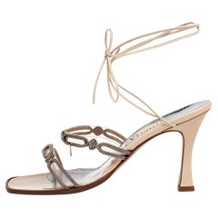 Valentino Beige Leather and Embellished Chain PVC Ankle-Tie Sandals Size 37