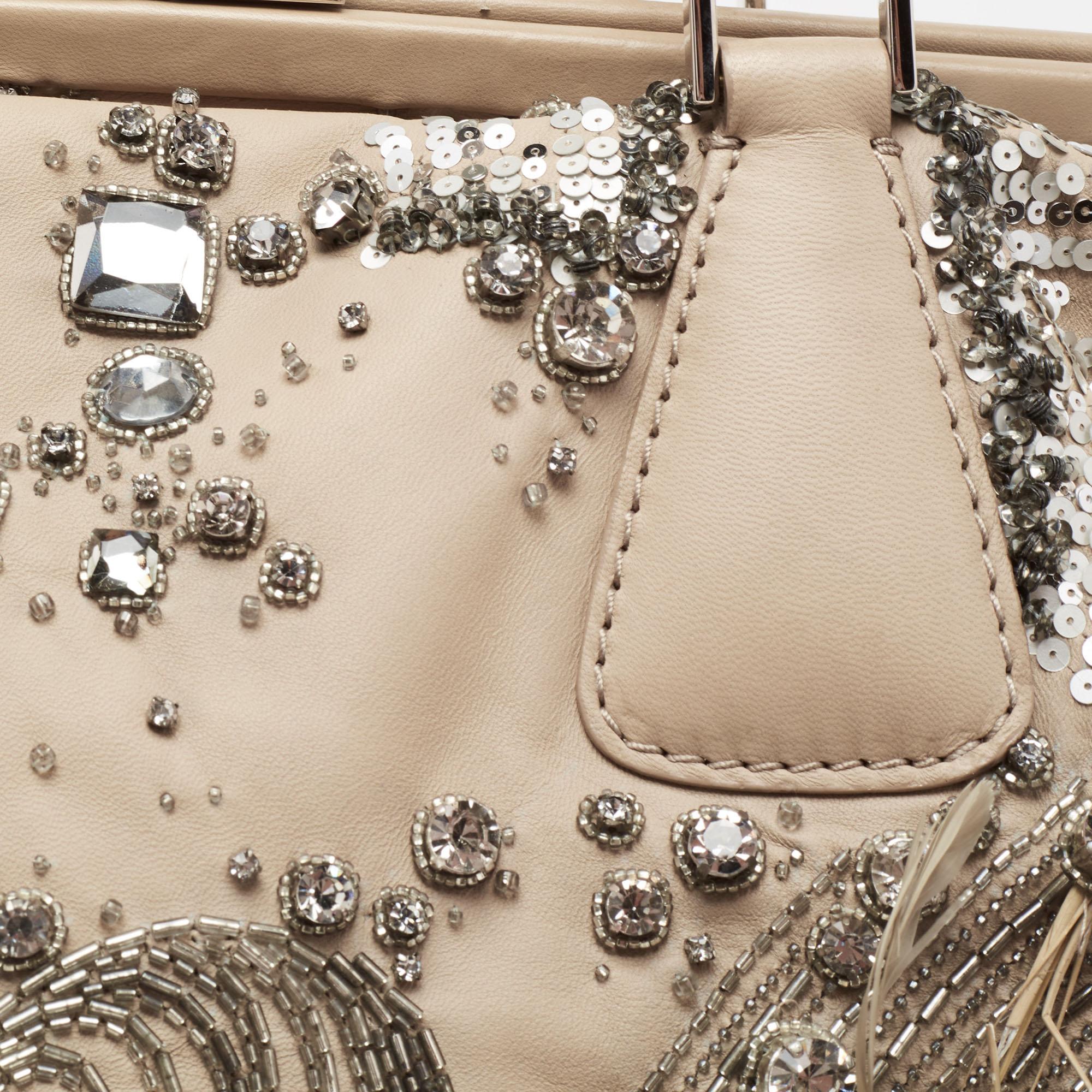 Valentino Beige Leather Crystal Embellished and Feather Alice Glam Frame Bag 5