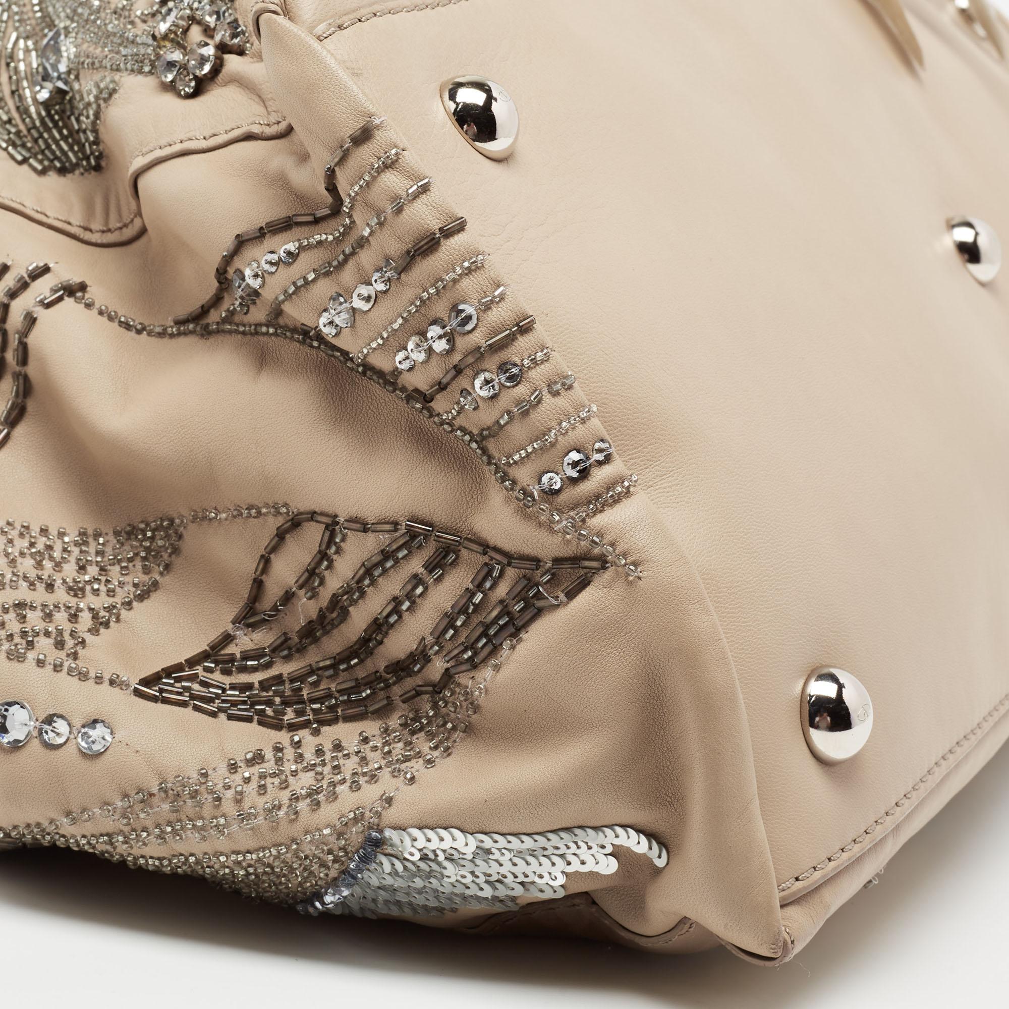 Valentino Beige Leather Crystal Embellished and Feather Alice Glam Frame Bag 6