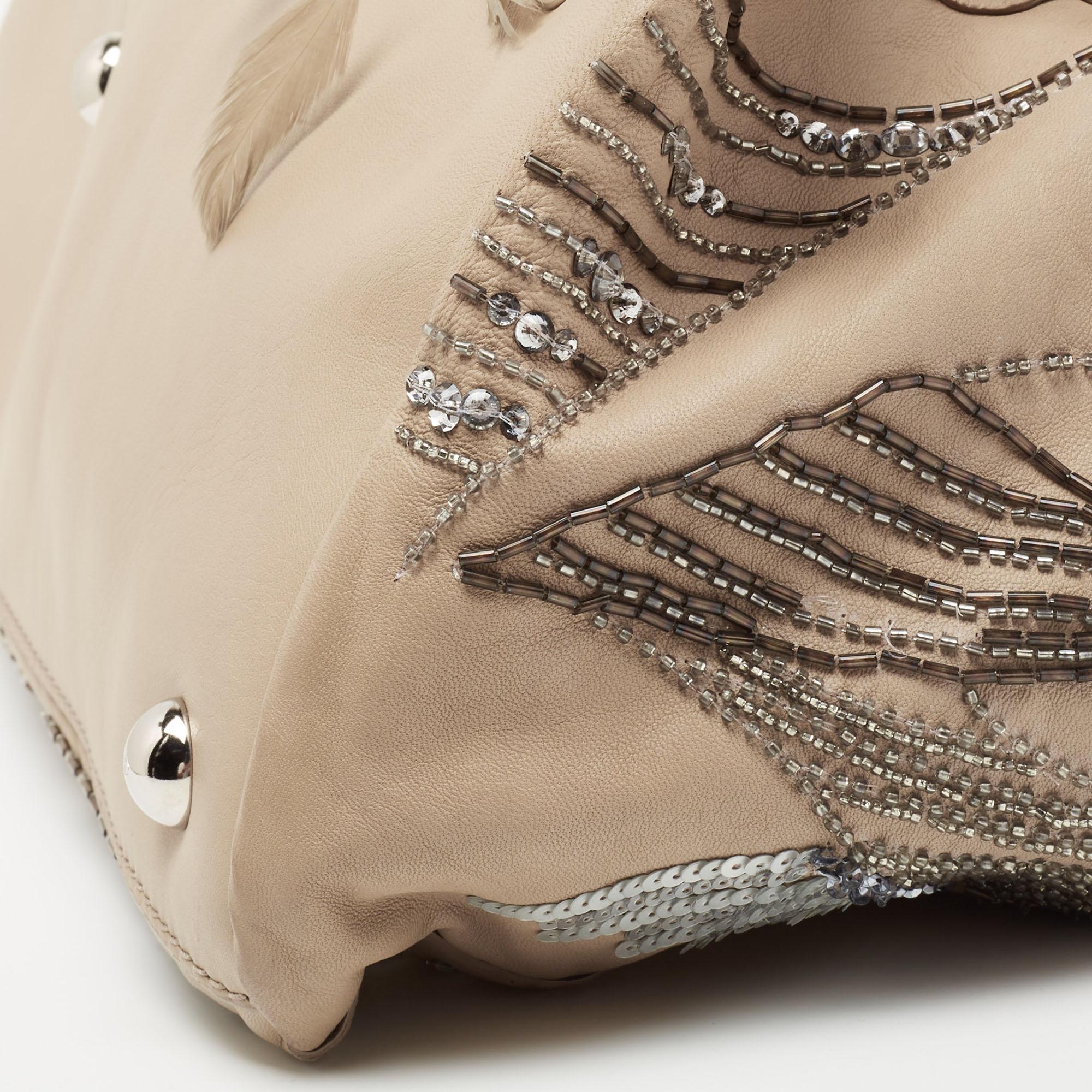 Valentino Beige Leather Crystal Embellished and Feather Alice Glam Frame Bag 7