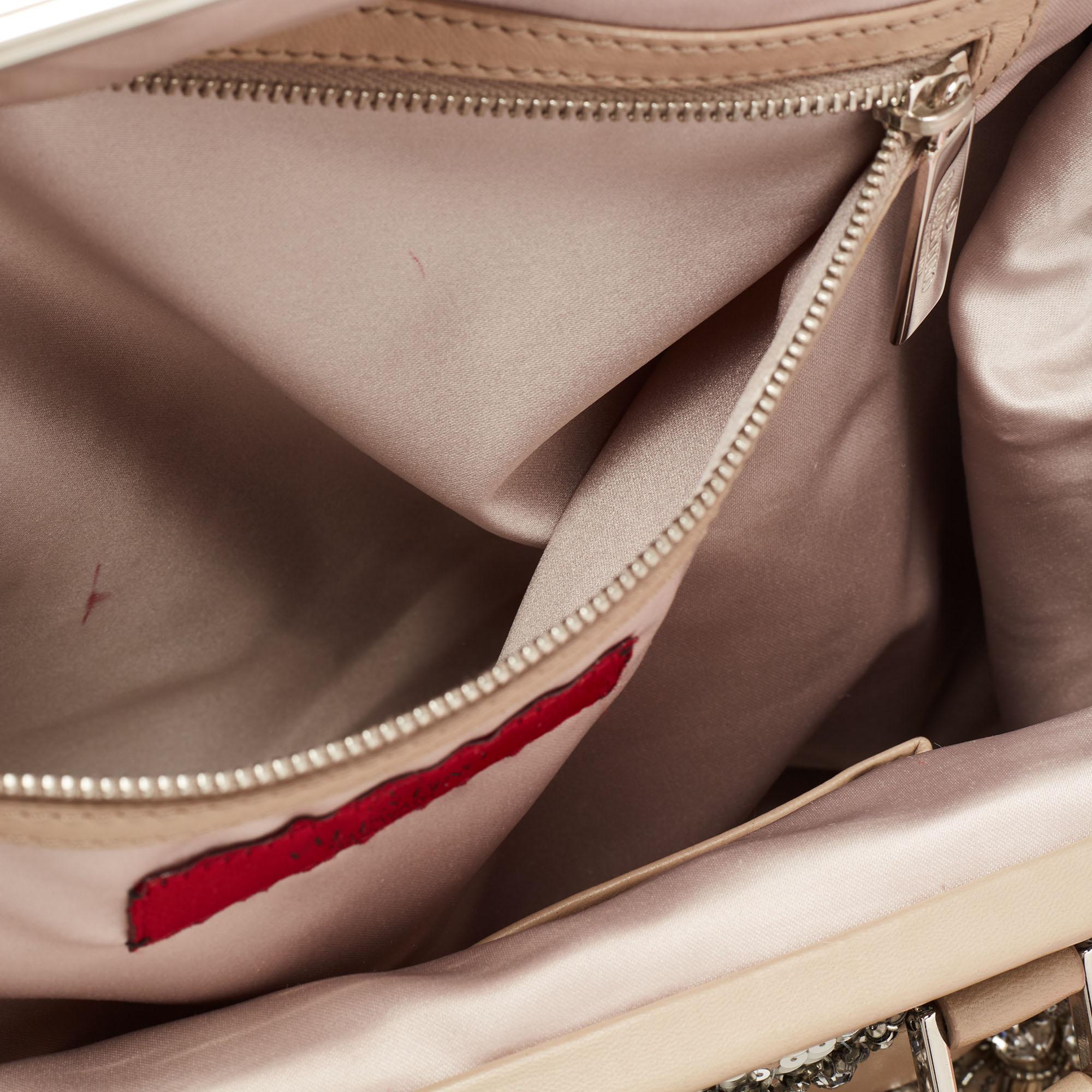 Valentino Beige Leather Crystal Embellished and Feather Alice Glam Frame Bag 2