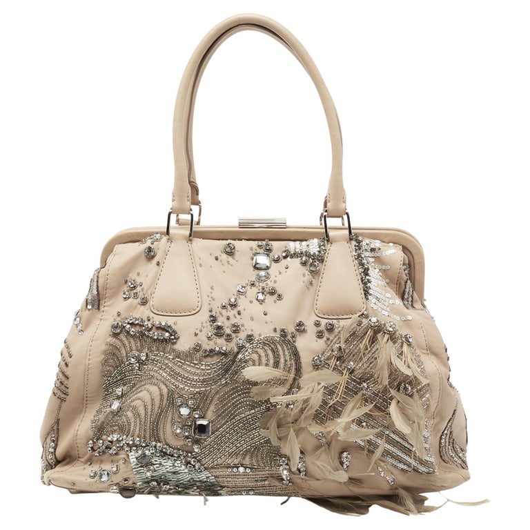 Valentino Beige Leather Crystal Embellished and Feather Alice Glam Frame Bag  For Sale at 1stDibs