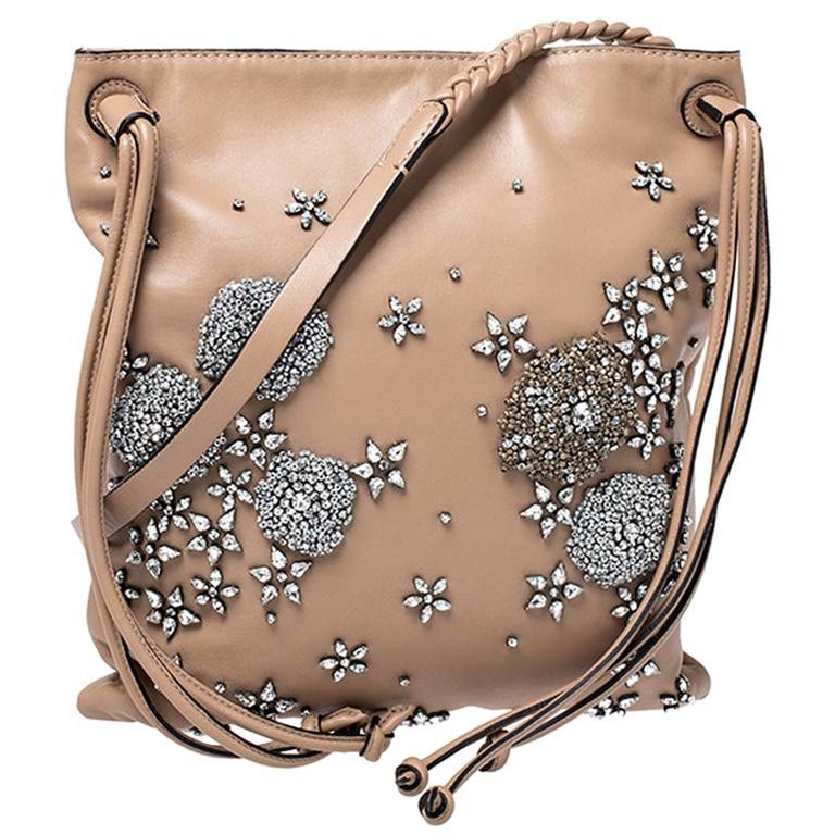 Valentino Beige Leather Crystal Embellished Vertical Shoulder Bag For