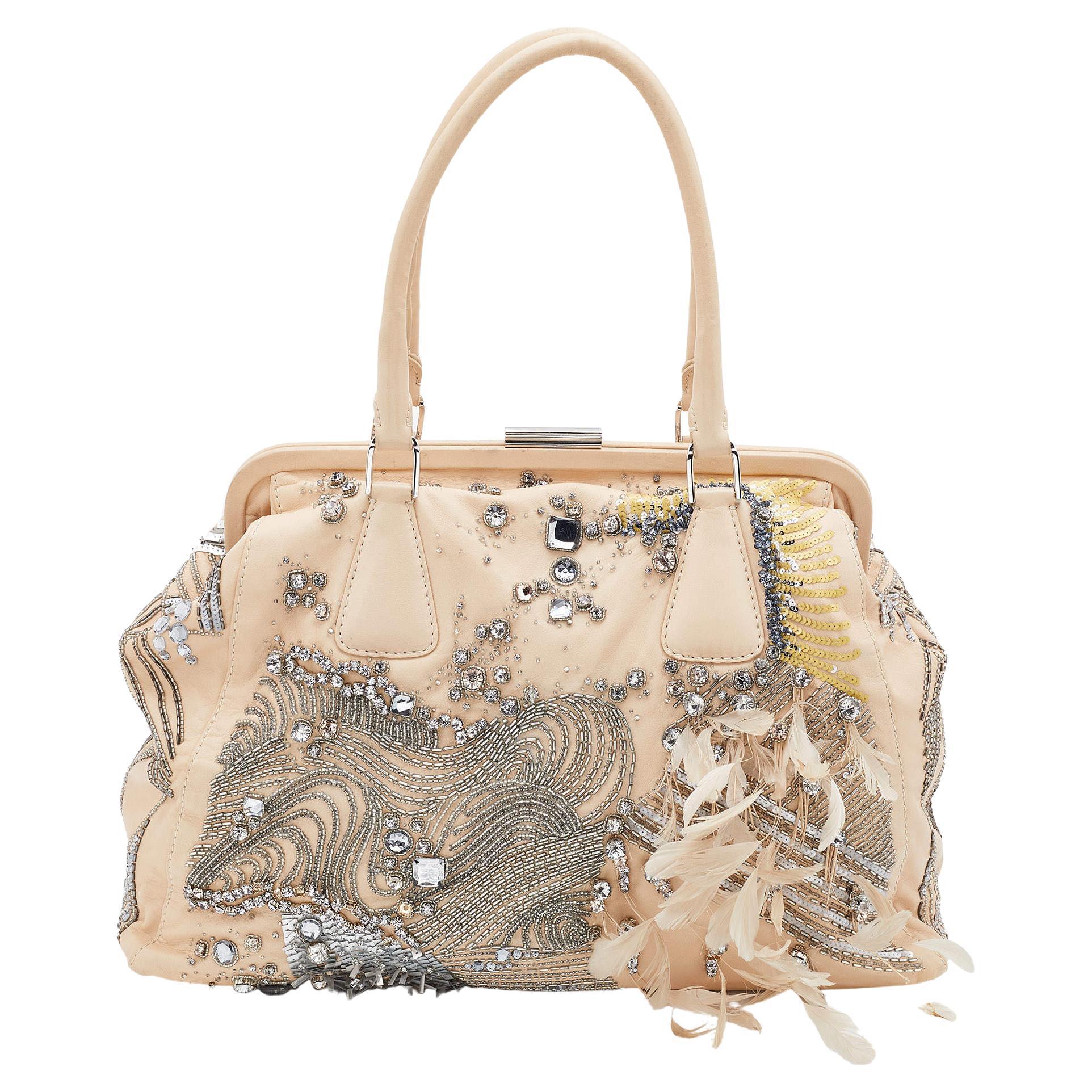 Valentino Beige Leather Embellished Alice Glam Frame Satchel