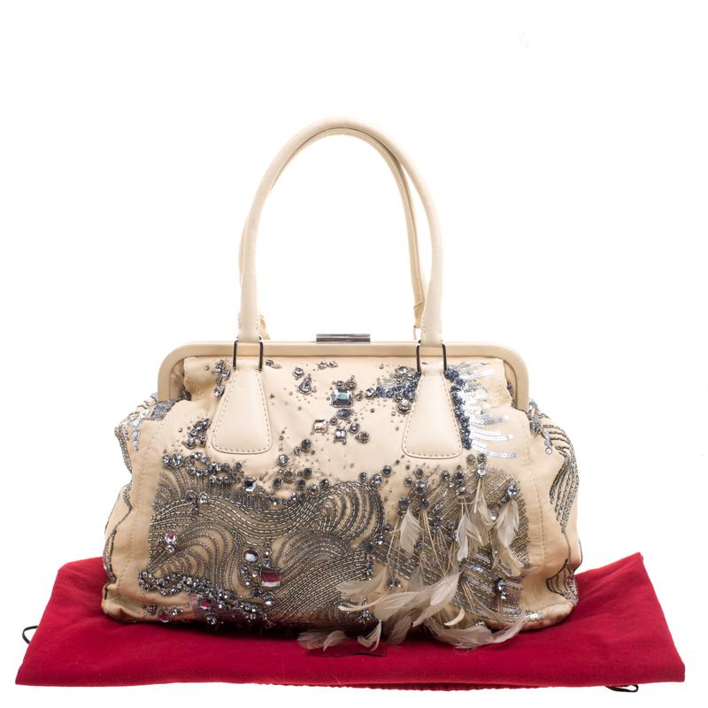 Valentino Beige Leather Embellished and Feather Alice Glam Frame Bag For Sale 8