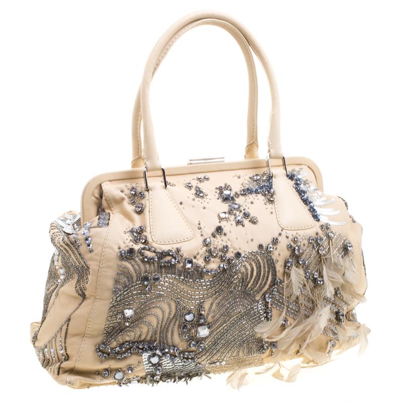 Women's or Men's Valentino Beige Leather Embellished and Feather Alice Glam Frame Bag For Sale