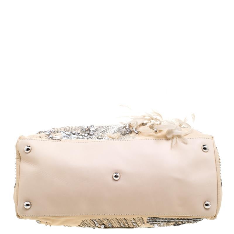 Valentino Beige Leather Embellished and Feather Alice Glam Frame Bag For Sale 2