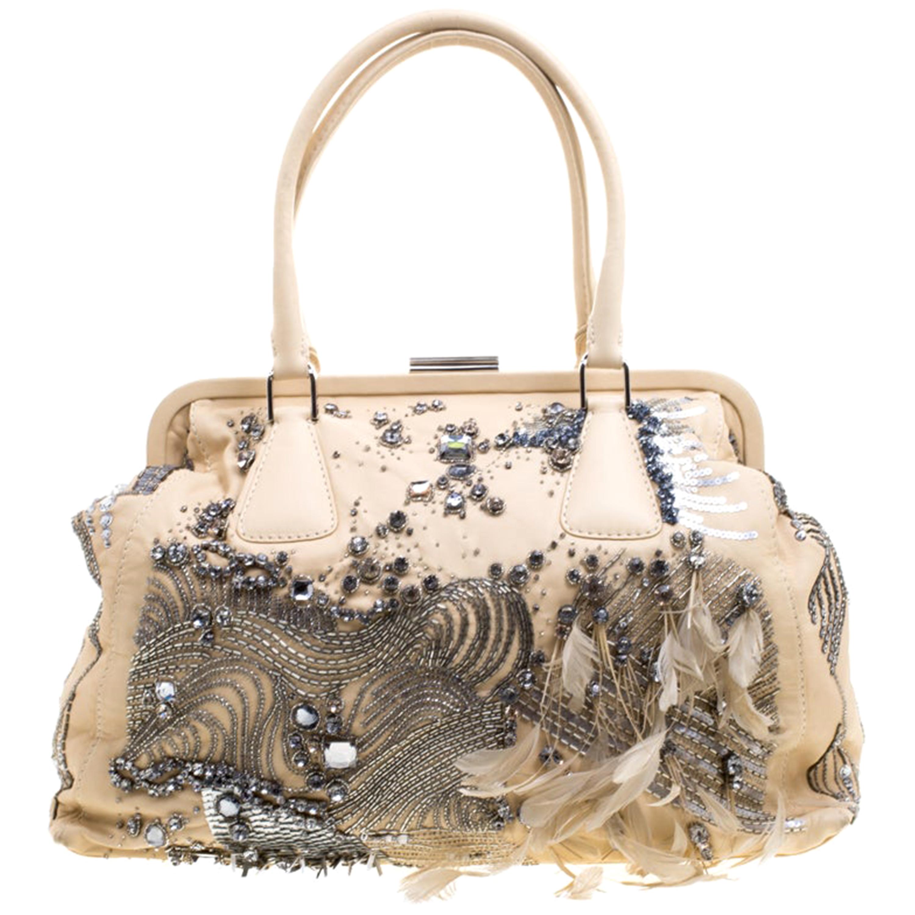 Valentino Beige Leather Embellished and Feather Alice Glam Frame Bag