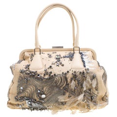 Valentino Beige Leather Embellished and Feather Alice Glam Frame Bag