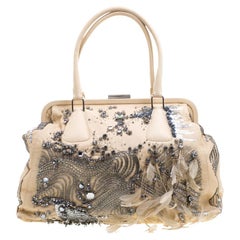 Valentino Beige Leather Embellished and Feather Alice Glam Frame Bag