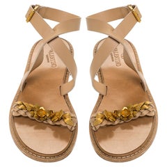 Valentino Beige Leather Floral Embellished Testa Di Moro Ankle Strap Size 39